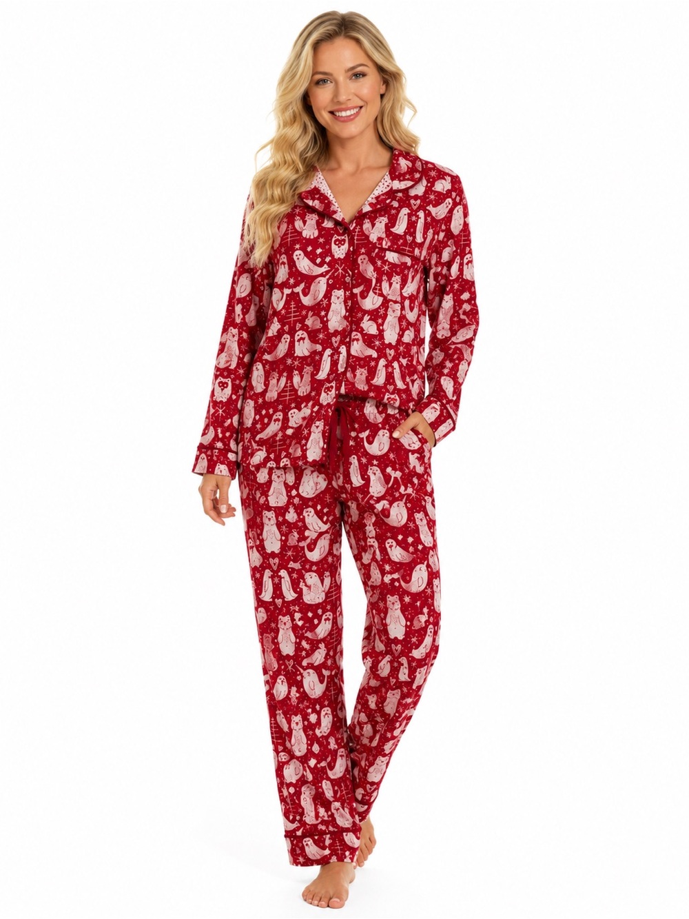 Women's Red Printed Pajama Set - Button-Up Long Sleeve Sleepwear - 0609